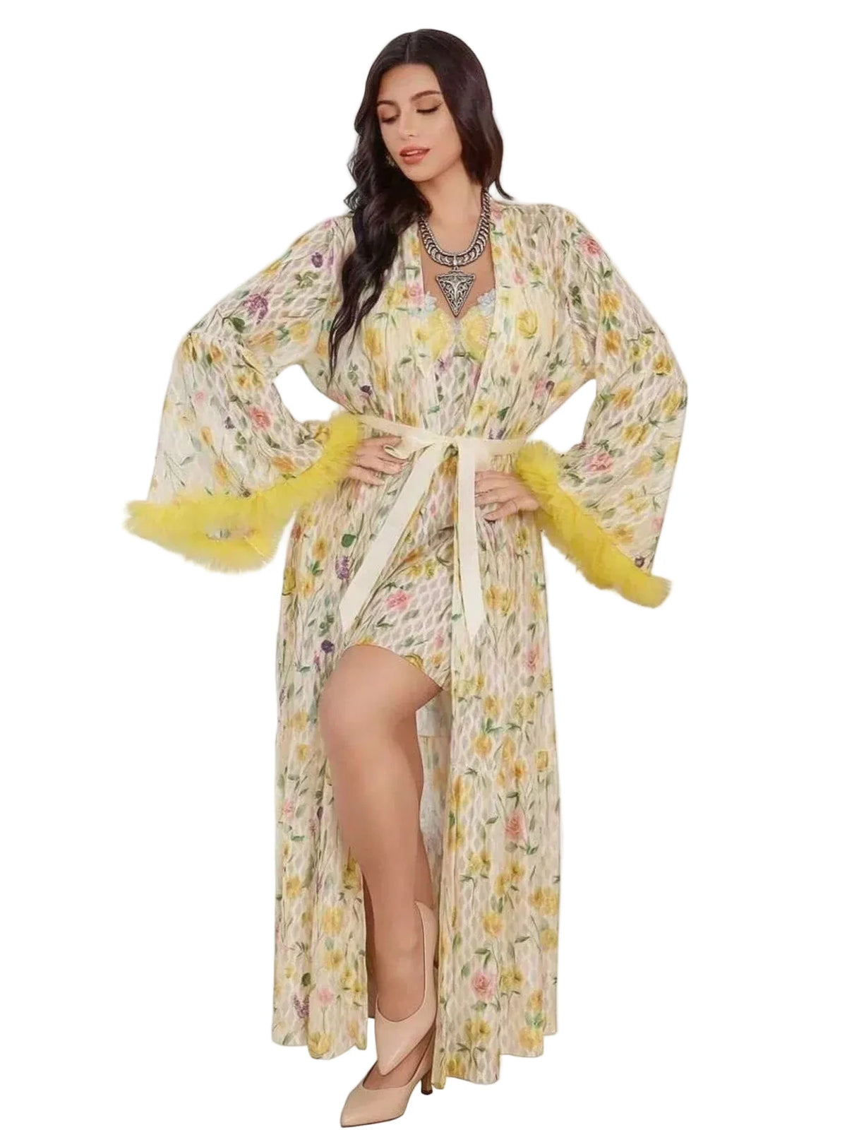 Floral Print Flowing Layered Robe Set with Contrast Trim and Waist Tie