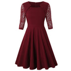 Square Neck A-Line Midi Dress with Lace Panels and Three Quarter Sleeves