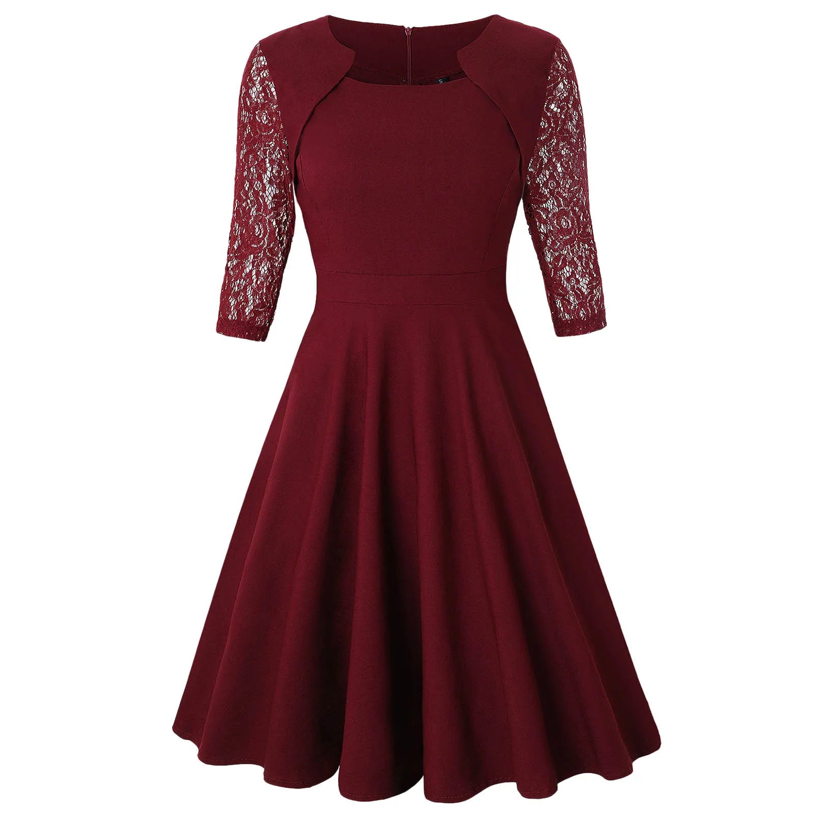 Square Neck A-Line Midi Dress with Lace Panels and Three Quarter Sleeves