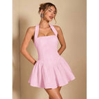 Halter Neck Fit and Flare Mini Dress with Open Back Feminine Party Silhouette