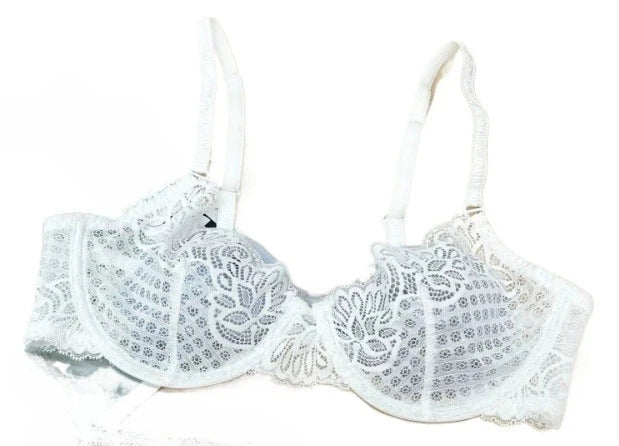 Elegant Silver Grey Floral Lace Underwire Bra with Blue Grid Accents