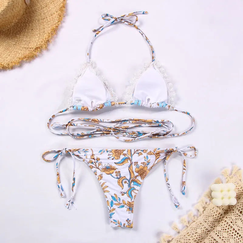 Delicate Floral Triangle Bikini with Ruffle Trim and Wrap-Around Ties