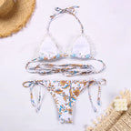 Delicate Floral Triangle Bikini with Ruffle Trim and Wrap-Around Ties