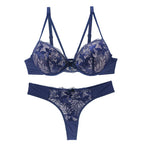 Sophisticated Navy Blue Embroidered Push-Up Bra and Thong Set with Strappy Accents