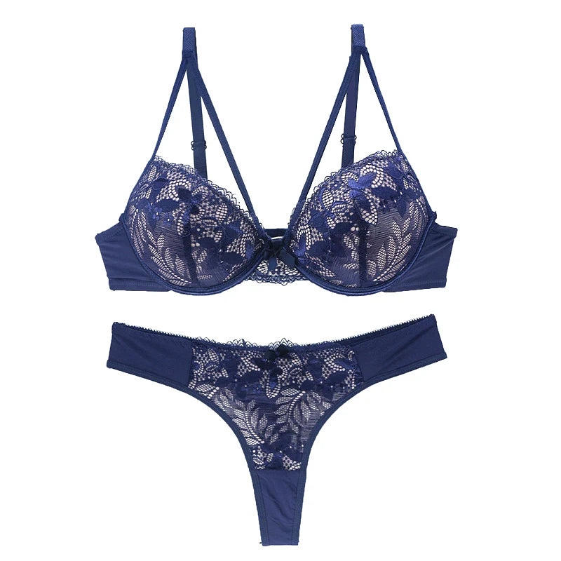 Sophisticated Navy Blue Embroidered Push-Up Bra and Thong Set with Strappy Accents