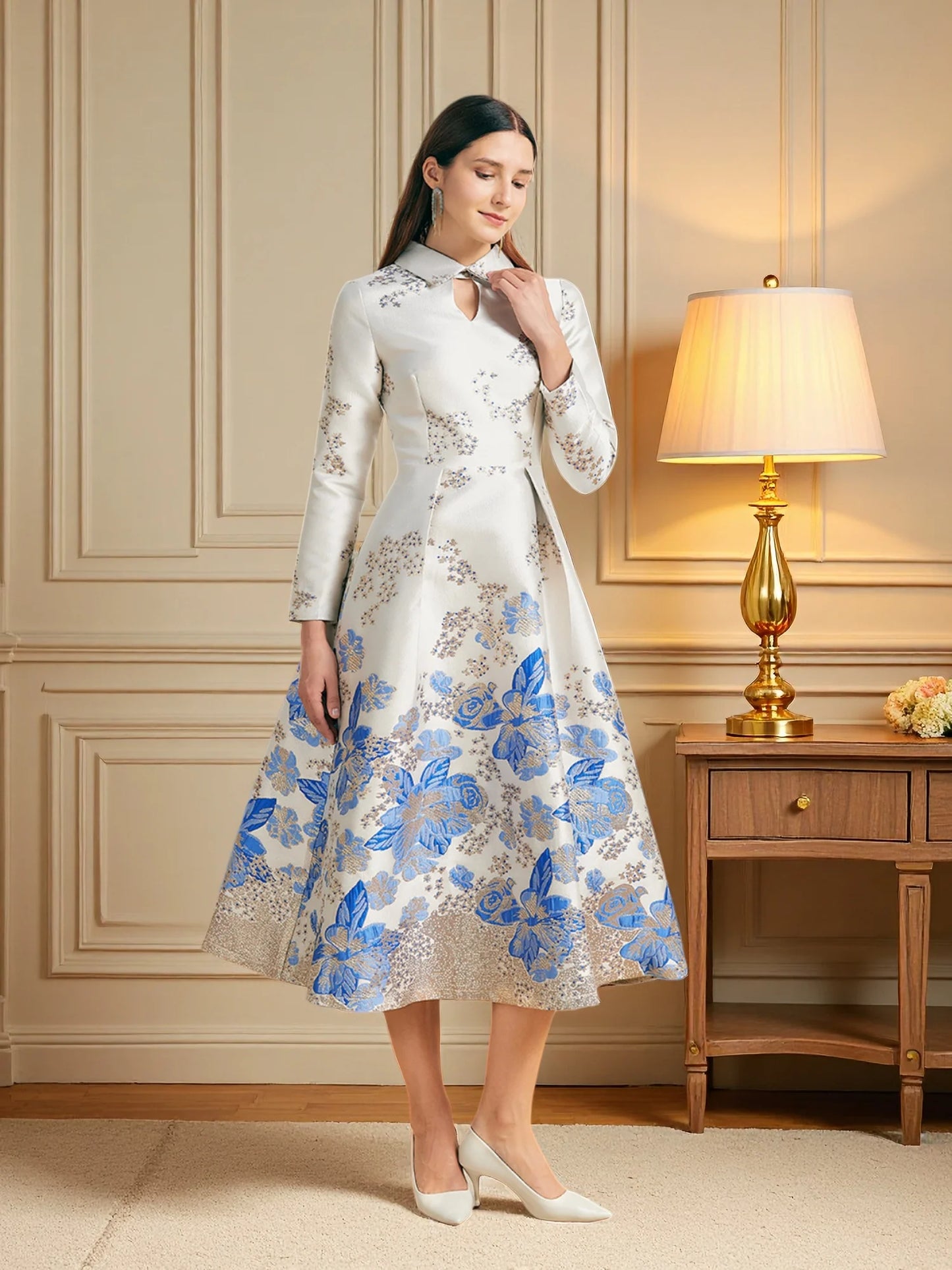 Elegant Embroidered Midi Dress with Soft Vintage Alternative Fashion Aesthetic