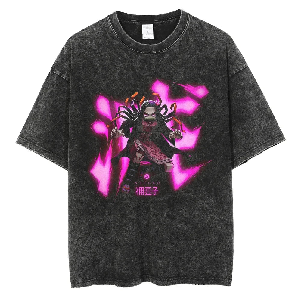 Cyber Spirit Anime Graphic Oversized Washed Cotton Streetwear T-Shirt