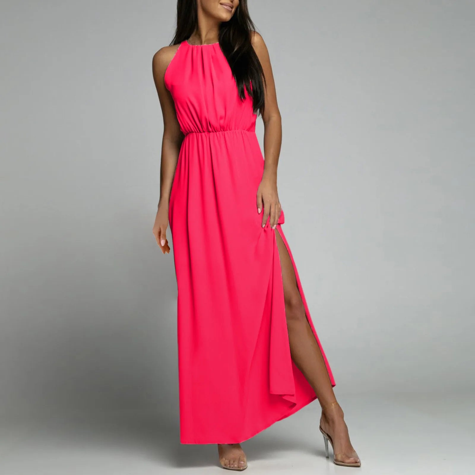 Sleeveless Maxi Dress with High Neck and Elegant Side Slit Design