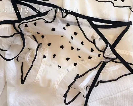 Vintage Polka Dot Tulle Ruffled Push-Up Bra and Matching Frilled Low-Rise Panty Set