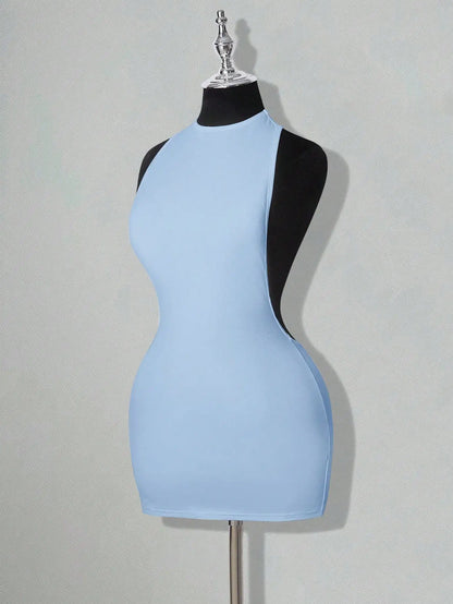 Backless Sleeveless Bodycon Mini Dress with Criss Cross Open Back Detail