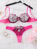 Vibrant Rose Pink Embroidered Mesh Underwire Bra and Thong Set