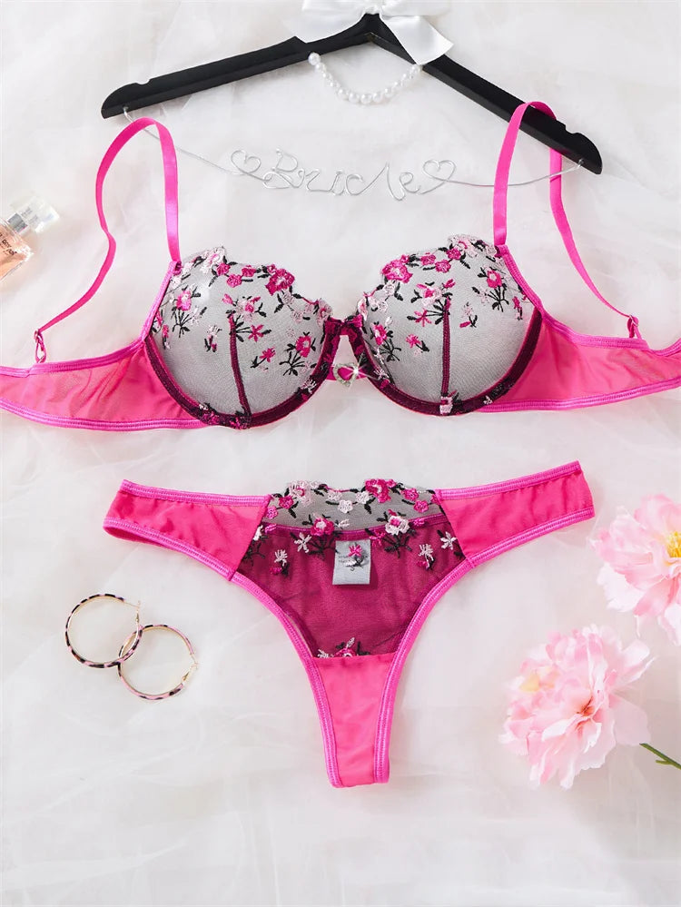 Vibrant Rose Pink Embroidered Mesh Underwire Bra and Thong Set