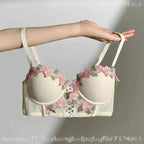 Pastel Floral Embroidered Contour Push-Up Bra and Matching Scalloped Brief Set
