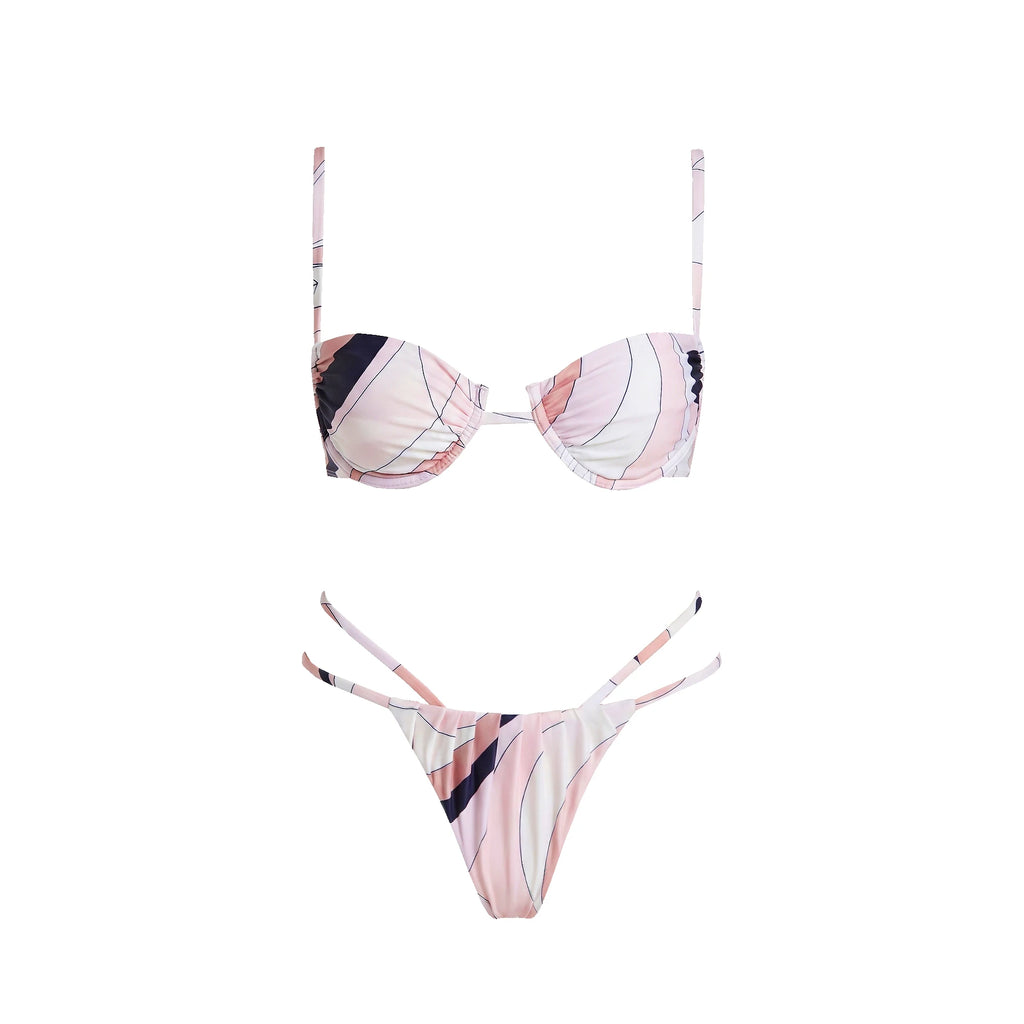 Retro Swirl Print Bandeau Swim Set with Matching Cascading Sarong