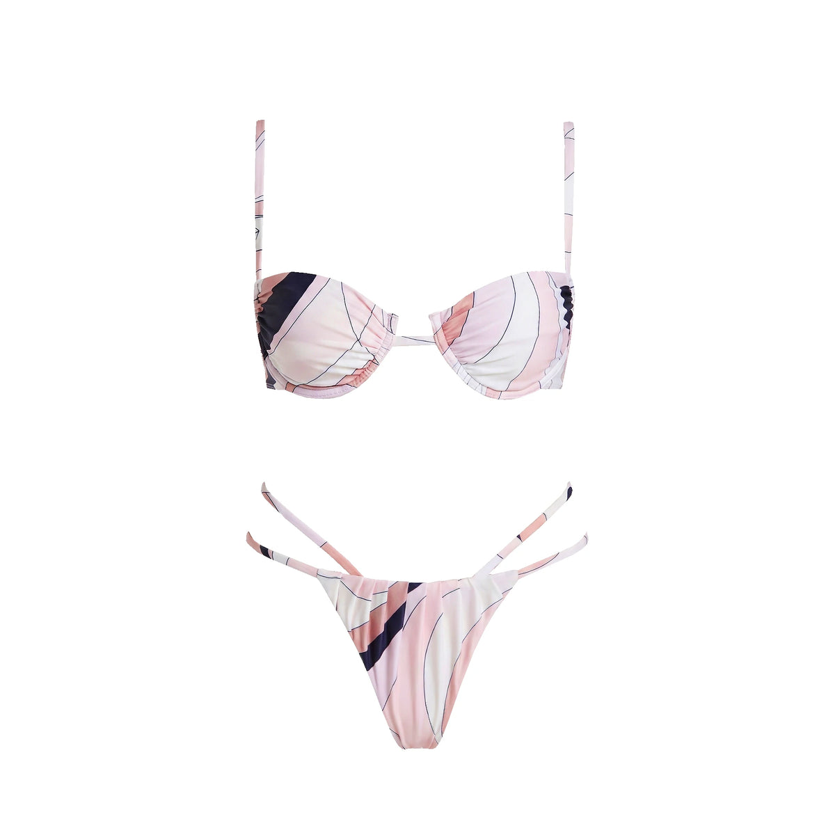 Retro Swirl Print Bandeau Swim Set with Matching Cascading Sarong