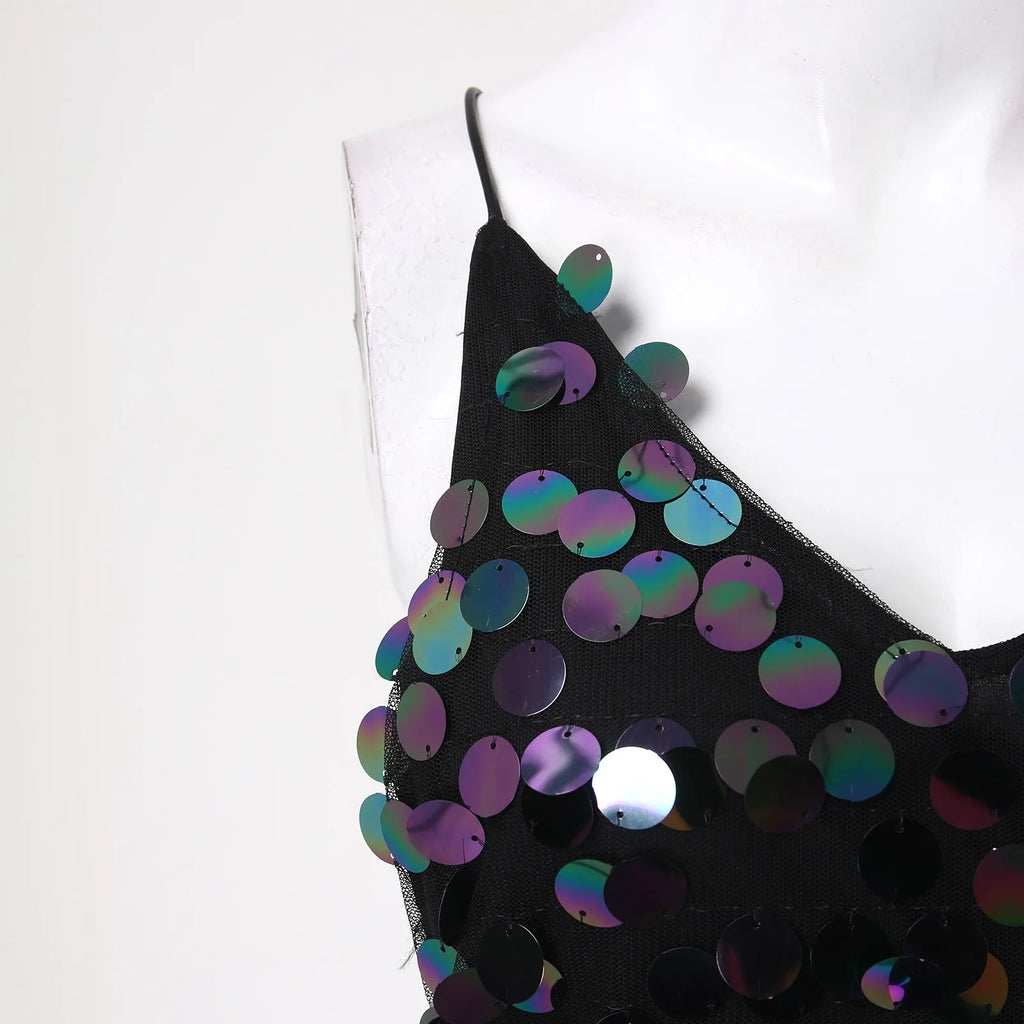 Sequin Backless Slip Mini Dress with Deep V Neck Party Silhouette