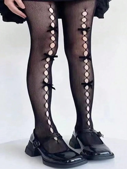 Decorative Bow Fishnet Thigh High Stockings with Open Mesh Pattern for Alternative Fashion Styling