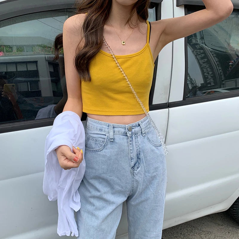 Square Neck Sleeveless Crop Top with Wide Straps Contemporary Streetwear Style