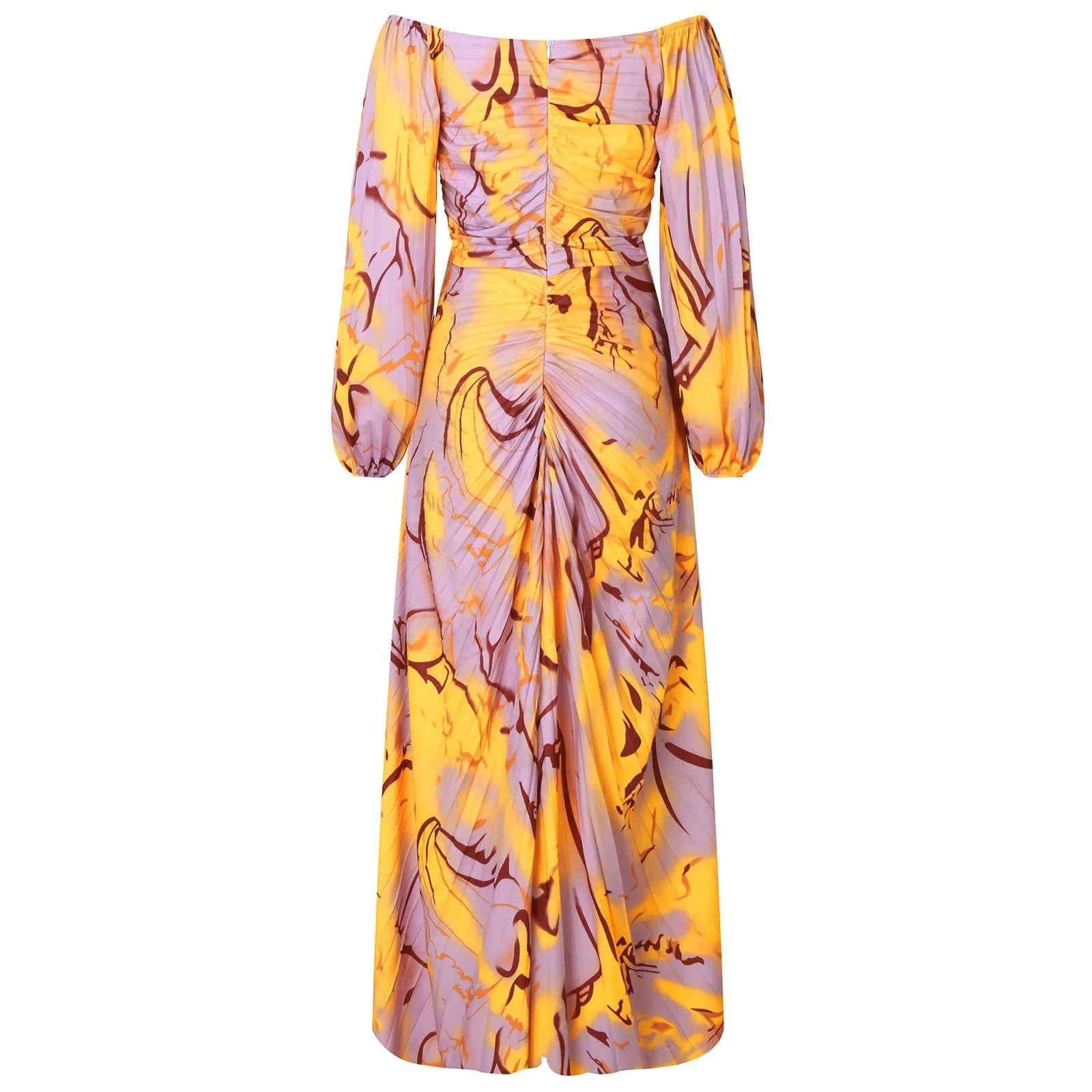Printed Pleated Maxi Dress with Long Sleeves and Side Slit