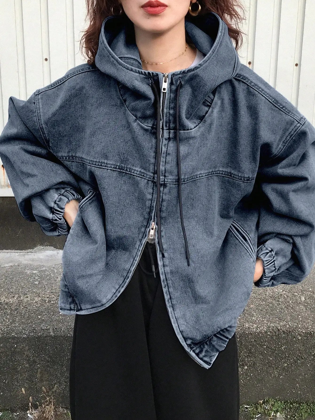 Women's Hooded Denim Zip-Up Jacket Relaxed Streetwear Drawstring Everyday Outerwear