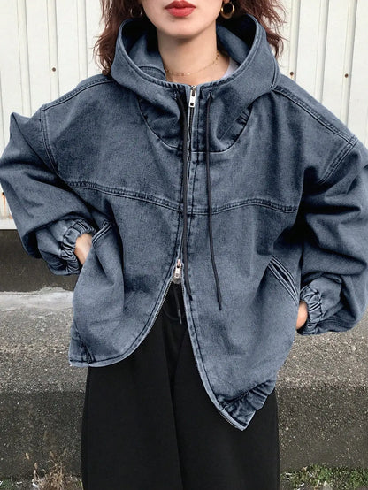 Women's Hooded Denim Zip-Up Jacket Relaxed Streetwear Drawstring Everyday Outerwear