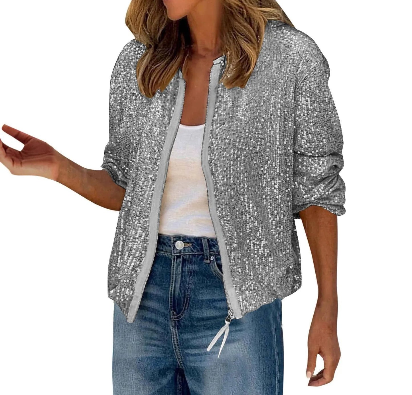 Women's Glitter Zip-Up Bomber Jacket with Relaxed Fit and Statement Evening Streetwear Style