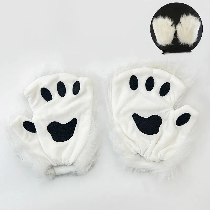 Complete Black and White Fox Maid Cosplay Set with Plush Paws, Tail, and Ear Headband