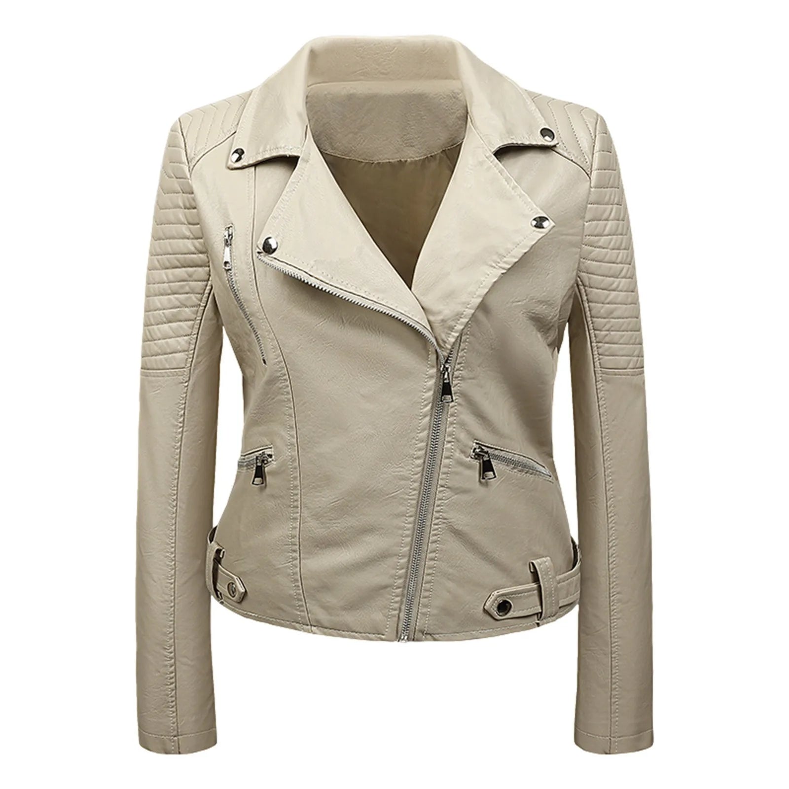 Women's Cropped Faux Leather Moto Jacket with Zip Front Contemporary Streetwear Silhouette
