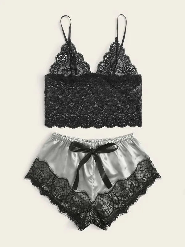 Romantic Sheer Black Lace Bralette and Blush Satin-Finish Shorts Sleep Set