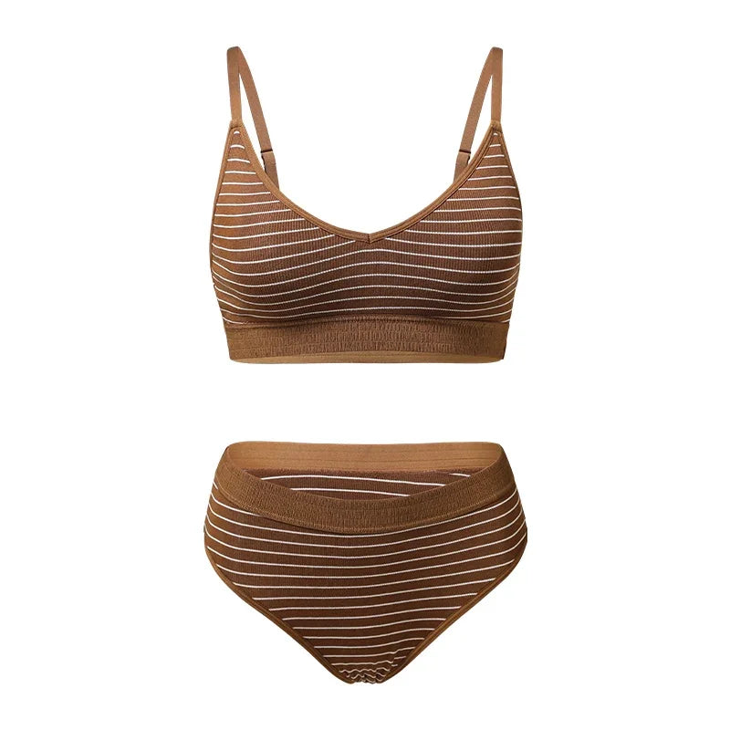 Chocolate Brown Alternating Sheer Stripe Seamless Triangle Bralette and Cheeky Hipster Panty Set