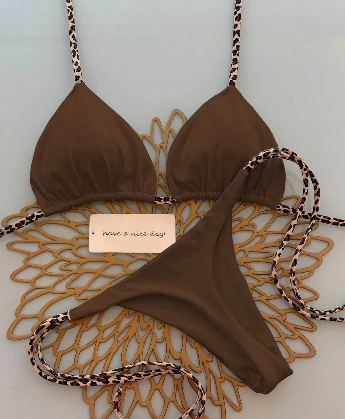 Contrast Leopard Strap Two-Piece Bikini with High-Cut Silhouette