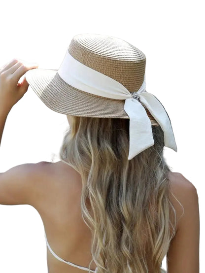 Wide Brim Straw Sun Hat with Decorative Bow and Foldable Beach Travel Design