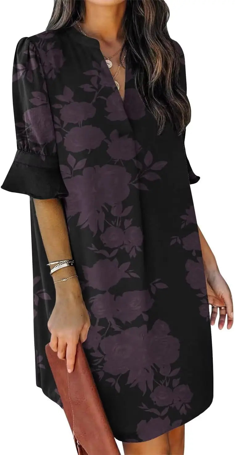 Oversized V-Neck Mini Dress with Ruffle Sleeves Contemporary Casual Streetwear Style