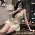 Romantic Sheer Mesh Babydoll Dress with Embroidered Lace Bodice and Ruffled Hem