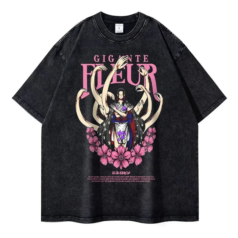 Vintage Anime-Inspired Floral Manga Streetwear Oversized Cotton Graphic T-Shirt