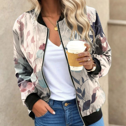 Women's Floral Print Zip-Up Bomber Jacket with Relaxed Contemporary Streetwear Short Fit