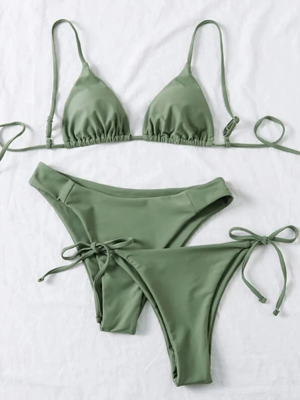 Solid White Three-Piece Triangle Bikini Set with Side-Tie Details