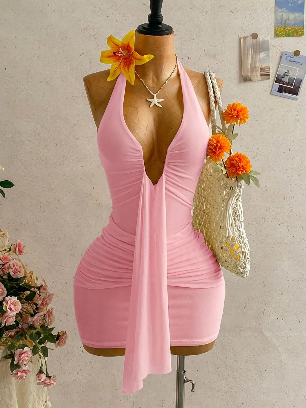 Ruched Halter Mini Dress with Tie Neck Detail and Flared Hem