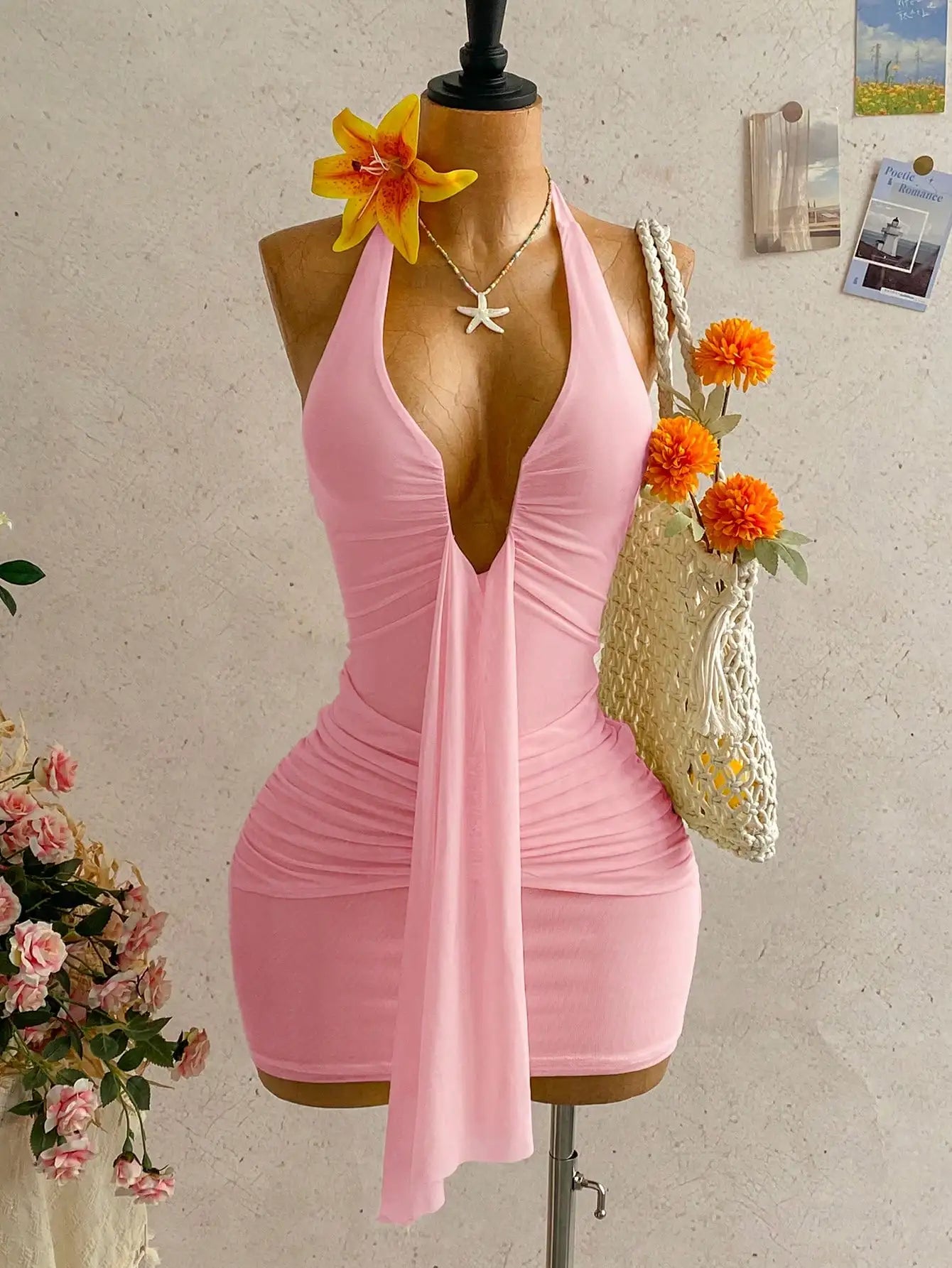Ruched Halter Mini Dress with Tie Neck Detail and Flared Hem
