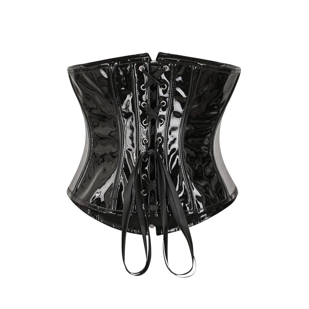 High-Shine Black Faux Leather Underbust Corset with Front Zipper and Metal Buckles