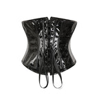 High-Shine Black Faux Leather Underbust Corset with Front Zipper and Metal Buckles