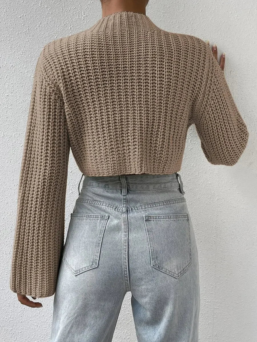 Women's Mock Neck Cropped Knit Sweater With Flared Sleeves