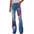 Low Rise Printed Flared Denim Pants with Stretch Fabric Retro Streetwear Wide Hem
