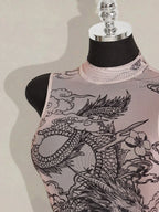 Sheer Printed Mesh High Neck Bodysuit for Gothic Alternative Fashion