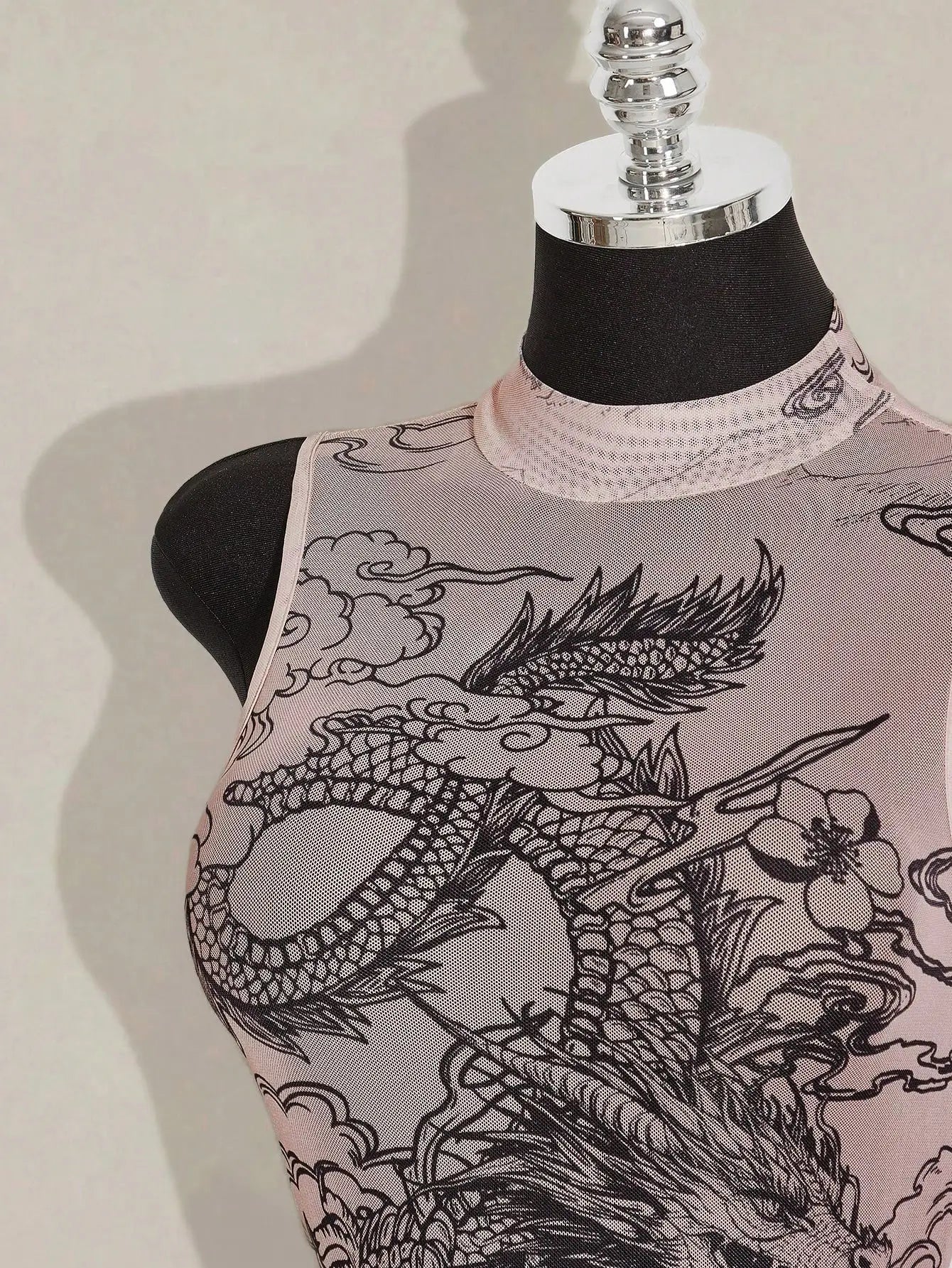 Sheer Printed Mesh High Neck Bodysuit for Gothic Alternative Fashion