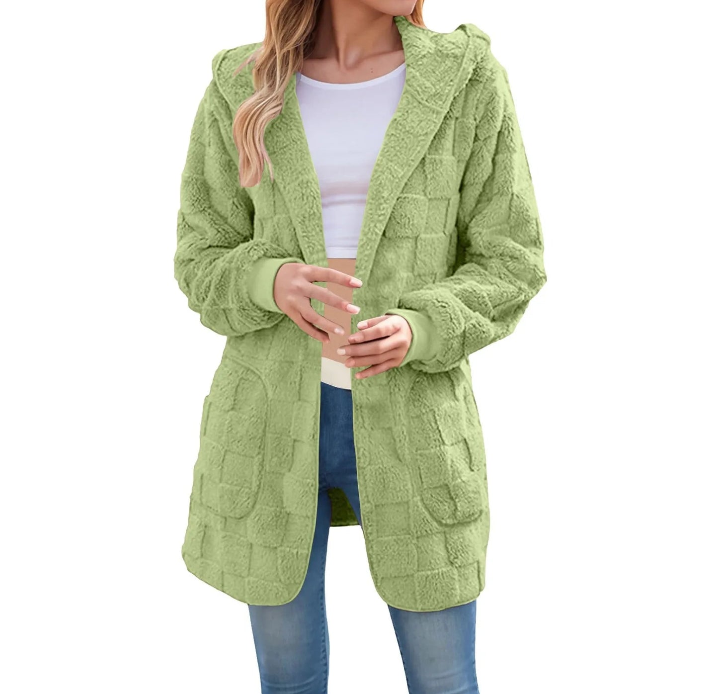 Women's Longline Hooded Plush Fleece Cardigan Jacket for Cozy Everyday Layering