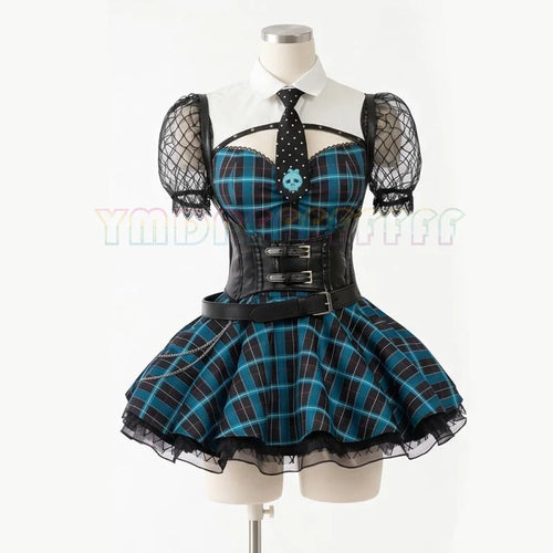 Alternative Plaid Mini Dress with Corset-Style Waist and Sheer Puff Sleeves