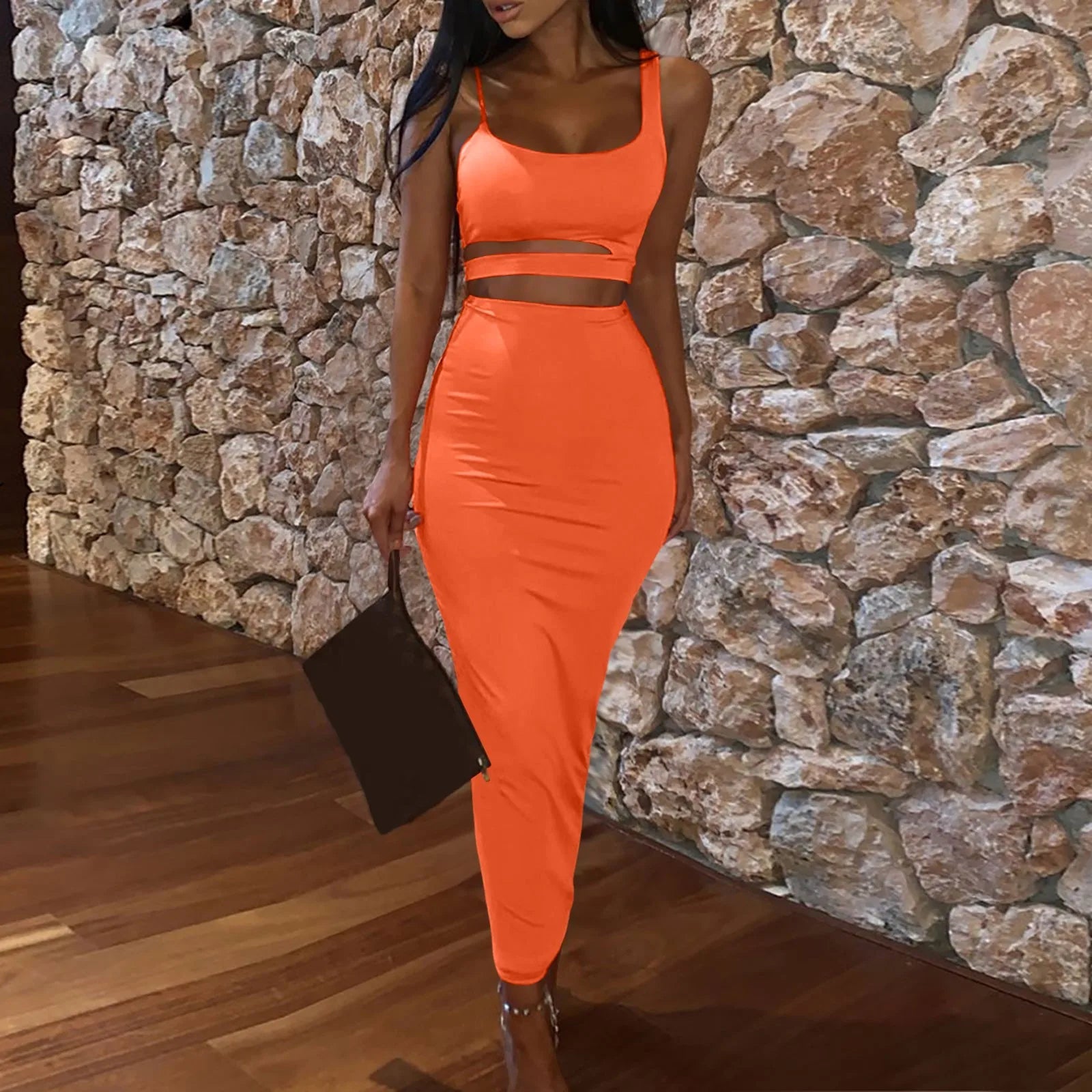 Women's Cutout Crop Top and Maxi Skirt Co-Ord Set Contemporary Evening Outfit