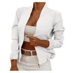 Women's Minimalist Zip-Up Bomber Jacket with Stand Collar Contemporary Casual Streetwear Style