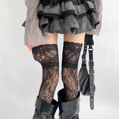 Floral Lace Fishnet Thigh High Stockings with Breathable Mesh Over-the-Knee Design